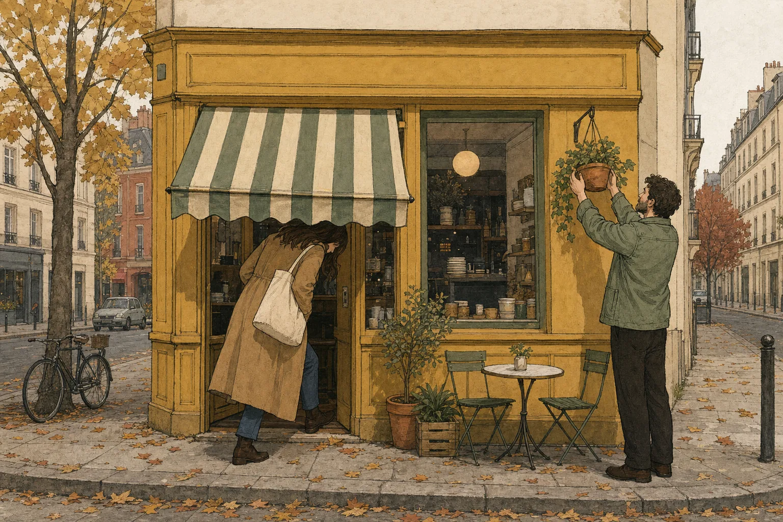Illustration: on an autumn street, a tall woman bends to walk under a café’s low striped awning while a tall man hangs a plant on a high hook.